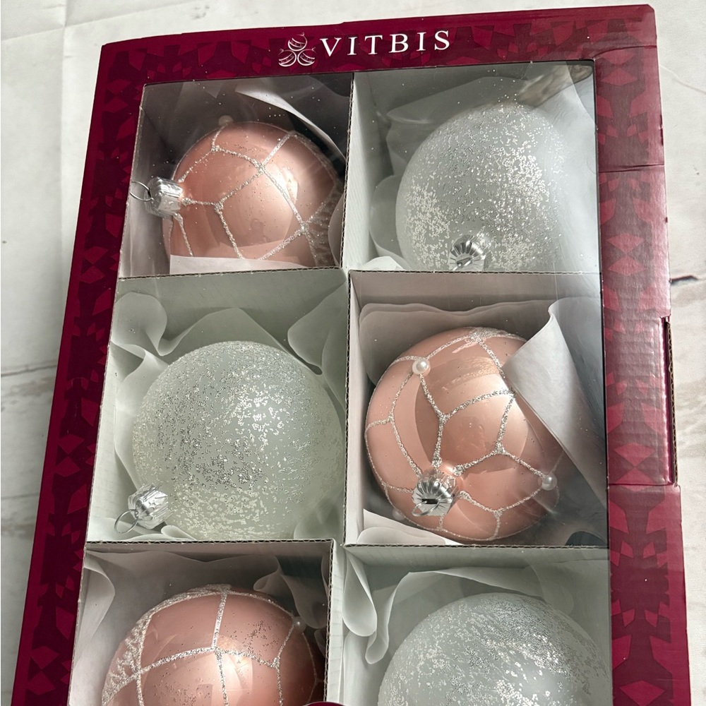 Vitbis Handmade Poland Glass Ornament Set of 6 Pink Silver Glitter Bulbs NEW